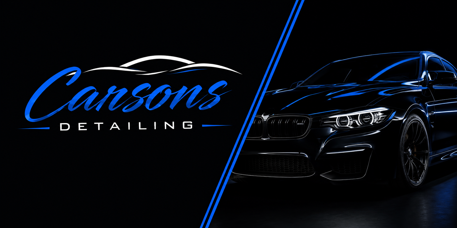 Carsons Detailing blue script logo beside a black luxury sedan with electric blue highlights